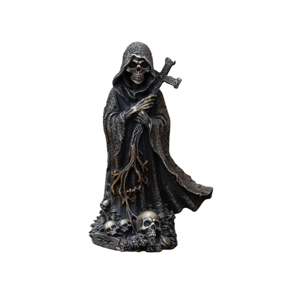 MInHoues Halloween Skeleton Statue, 5.9 Inch Hooded Grim Reaper Cross Skull Resin Sculpture Creepy Halloween Gothic Tabletop Ornament Home Table Decor