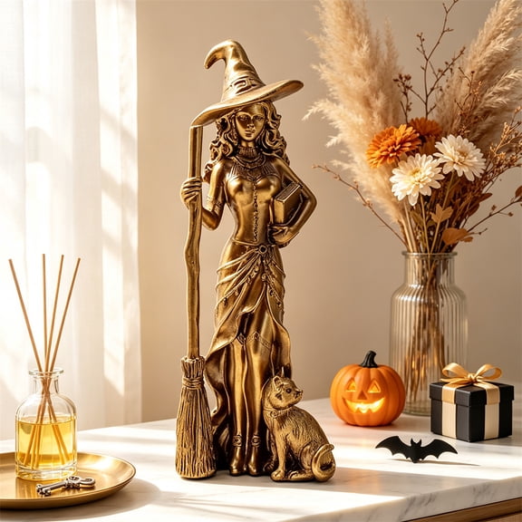 MInHoues Halloween Vintage Witch Figurine, Gold Resin Tabletop Ornament, Rustic Farmhouse Spooky Decor for Desk Shelf and Mantel, Seasonal Home Display Accessories, 7.5"