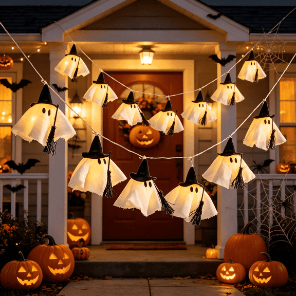 MInHoues Halloween Witch Ghost String Lights, 6 LED Light Up Fabric Ghost Garland With Witch Hat Broom,Halloween Indoor Outdoor Porch Window Fireplace Party Decor Supplies