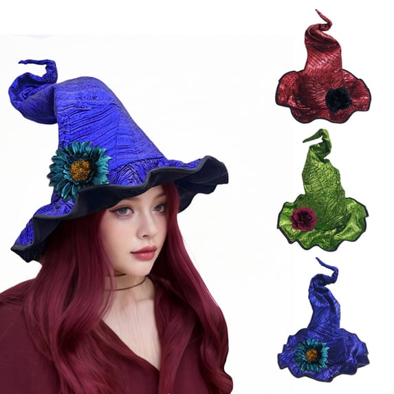 MInHoues Halloween Witch Hat for Women, Twistable Transformable Costume Cap, Pointed Hat with Floral Decor for Cosplay Party Dress Up, Green