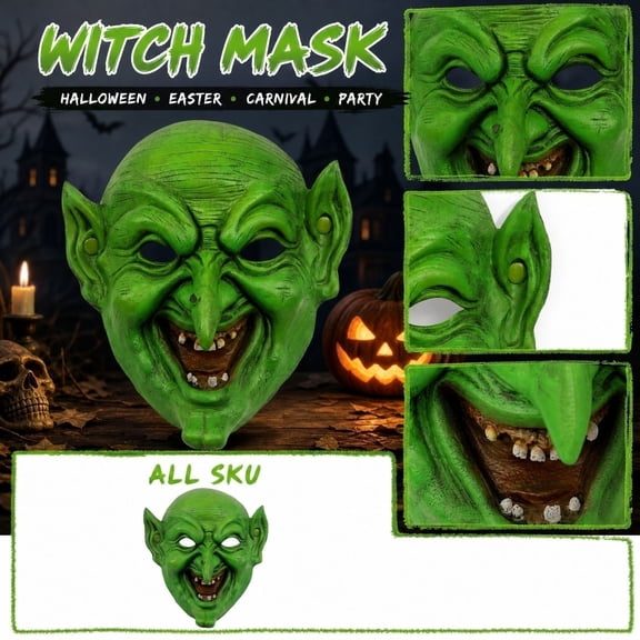 MInHoues Halloween Witch Mask, Scary Face Mask Costume Prop for Adult, Headpiece for Halloween Cosplay Party, Haunted House Decor Accessory, Green