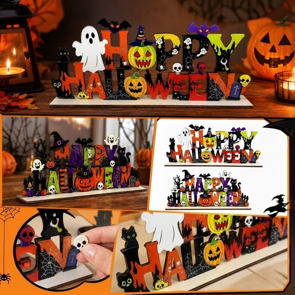 MInHoues Halloween Wooden Skeleton Pumpkin Bat Decoration, Handcrafted Tabletop Figurine, Festive Holiday Centerpiece for Autumn Party Room, Rustic Indoor Home Display