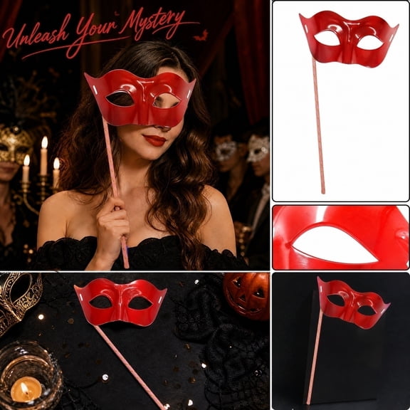 MInHoues Handheld Masquerade Mask, Smooth Half Face Eye Mask with Stick for Halloween Party, Fashion Cosplay Accessories and Festival Costumes Props, Red