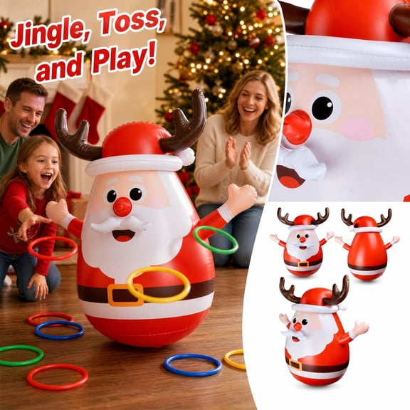 MInHoues Inflatable Santa Claus Ring Toss Tumbler Game, Christmas Inflatable Santa Wobble Toy, Fun Family Party Throwing Game for Christmas Indoor Outdoor Holiday Gathering Decor