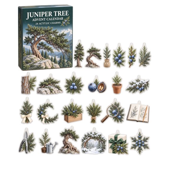 MInHoues Juniper Tree Advent Calendar 2026, 24Pcs 2D Acrylic Hanging Ornaments with Juniper Berries Evergreen Bonsai Pinecone Forest Charms, Christmas Countdown Gift for Nature Gardeners Tree Decor