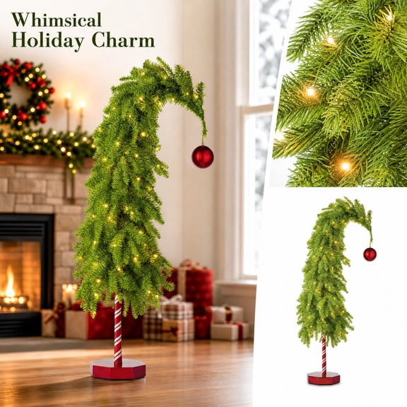 MInHoues Lighted Whimsical Christmas Tree, 55" PreLit Warm LED Bent Christmas Tree with Red Ornament, Candy Cane Base Tabletop Holiday Decor, Battery Operated Small Curved Xmas Tree for Home Party