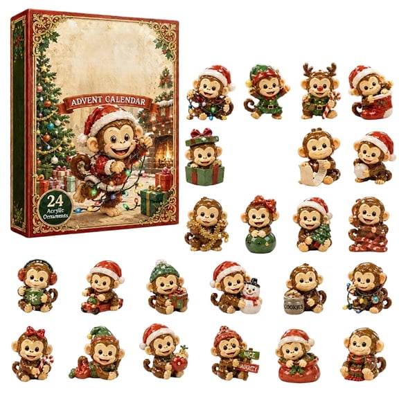 MInHoues Monkey Christmas Advent Calendar 2026, 24 Days of Christmas Countdown Calendar with 24Pcs 2D Acrylic Monkey Hanging Ornaments, Xmas Holiday Surprise Gift for Kids Adults