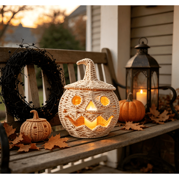 MInHoues Natural Handwoven Seaweed Pumpkin Lantern with Witch Hat Lid, Hollow Jack O Lantern Cutout LED Tea Light Holder Coastal Halloween Glowing Table Decor,10.24"