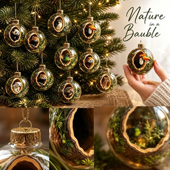 MInHoues Nature in a Bauble Christmas Ornaments, 3.15" Clear Glass Ball with Miniature Animal Forest Scene, Hanging Xmas Tree Decor for Holiday Home Decoration