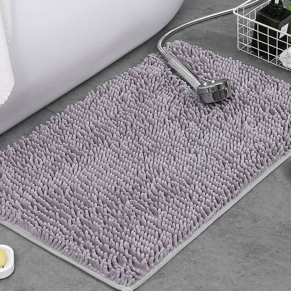 MInHoues Non‑Slip Chenille Bath Mat, 24x16 Inch Extra Soft Plush Fluffy Bathroom Rug, Super Absorbent Quick‑Dry Non‑Shedding Machine Washable Shower Floor Mat for Bathroom (Gray)