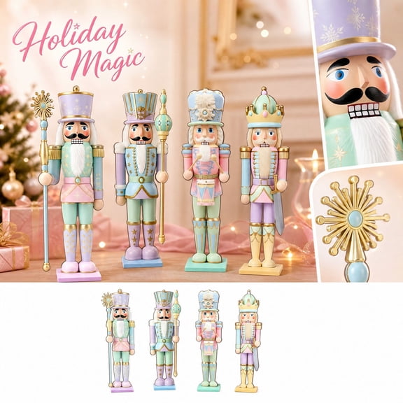 MInHoues Pastel Nutcracker Figurines Set of 4, Christmas Wooden Nutcracker Soldier Ornaments, Festive Macaron Color Holiday Decor for Tabletop Mantel Shelf, Xmas Decoration Gift