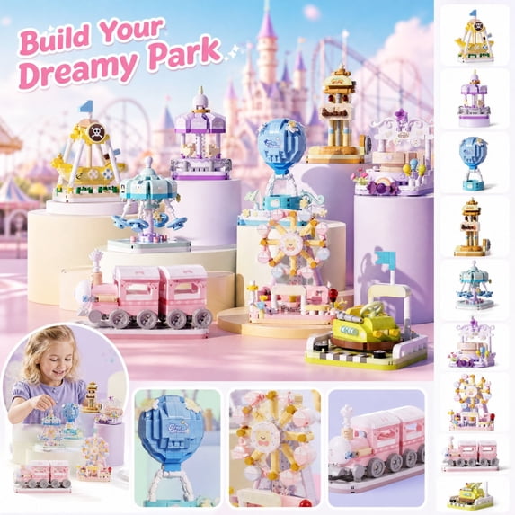 MInHoues Pink Ferris Wheel Building Blocks Set, Cute Mini Carnival ...