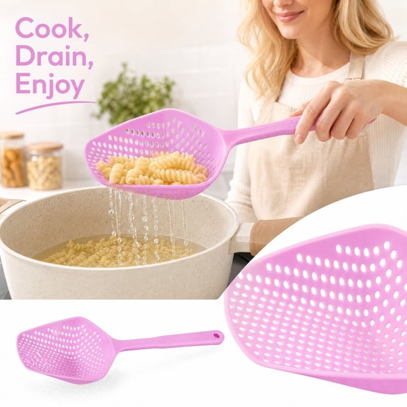 MInHoues Pink Non Stick Slotted Spoon Strainer, Heat Resistant Plastic Food Scoop Colander with Long Handle, Kitchen Skimmer Utensil for Boiling Draining Frying and Serving, 13.58"