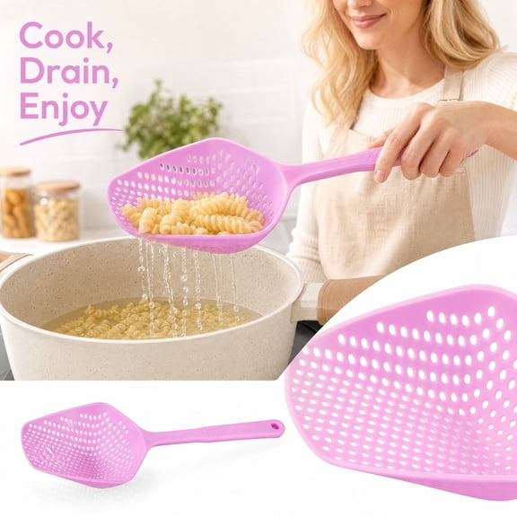MInHoues Pink Non Stick Slotted Spoon Strainer, Heat Resistant Plastic Food Scoop Colander with Long Handle, Kitchen Skimmer Utensil for Boiling Draining Frying and Serving, 13.58"