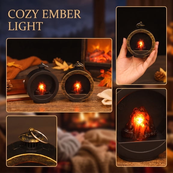 MInHoues Round Simulated Flame Fireplace Lamp, Battery Operated 3D Glowing Tabletop Light, Portable Hanging Warm Nightlight Lantern, Seasonal Holiday Display for Living Room