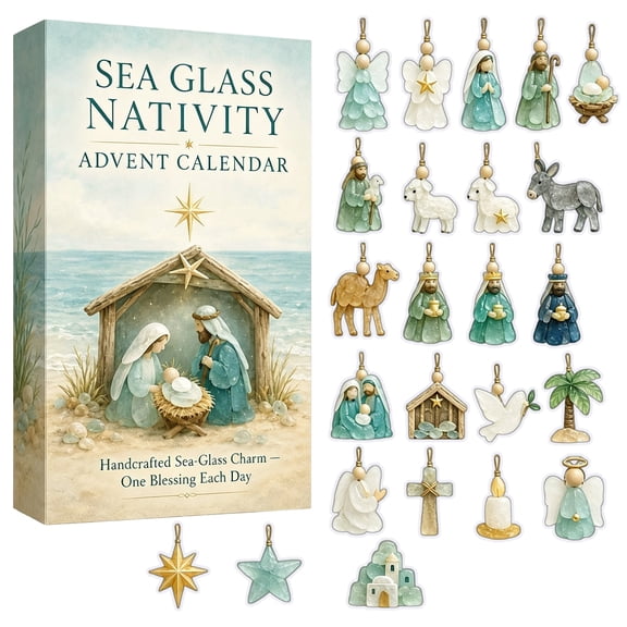 MInHoues Sea Glass Nativity Advent Calendar 2026, 24 Days of Christmas Countdown Calendar with 24PCS Nativity Scene 2D Acrylic Hanging Ornaments, Xmas Home Decor