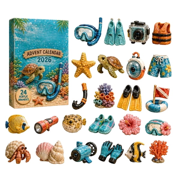 MInHoues Snorkeling Adventure Advent Calendar 2026, 24 Days Ocean Sea Creature Countdown Calendar with Hanging Ornaments, Turtle Diving Mask Starfish Shell Coral, Beach Theme Christmas Gift