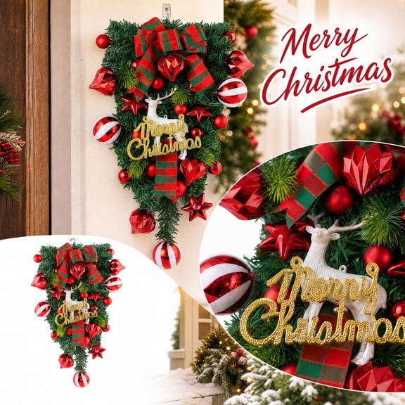 MInHoues Upside-Down Christmas Tree Wreath, Merry Christmas Reindeer Front Door Hanging Decor with Holiday Berries, Artificial Teardrop Garland Swag for Outdoor Porch