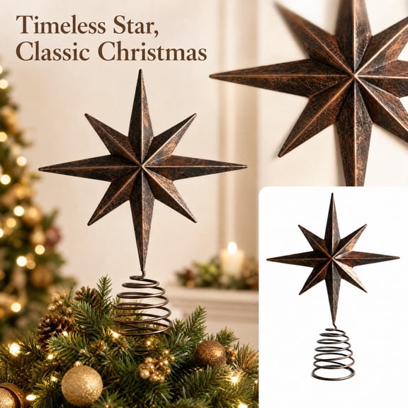 MInHoues Vintage Iron Star Christmas Tree Topper, 8-Point Star Tree Topper with Spiral Base, Rustic Copper Star Christmas Tree Decoration for Xmas Holiday Decor
