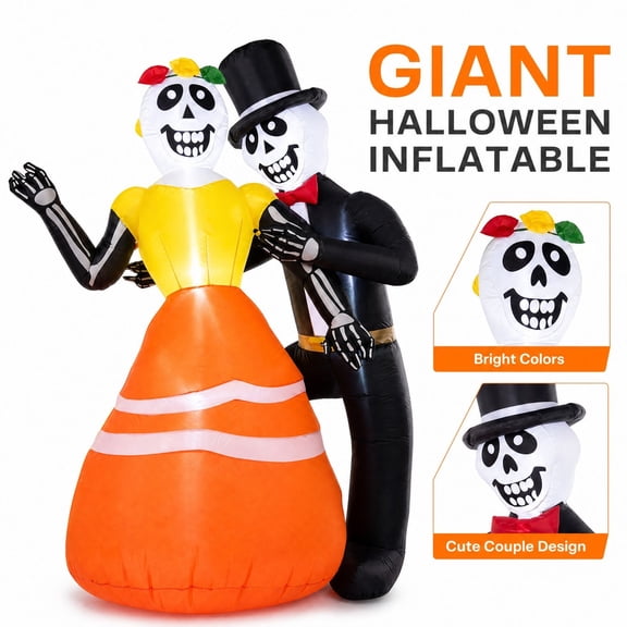 MInHoues White Day of the Dead Inflatable Dancing Skeleton Couple, 7 Foot Blown-Up Skull Yard Decor with LED Lights for Halloween, Outdoor Halloween Inflatable and Front Yard Display