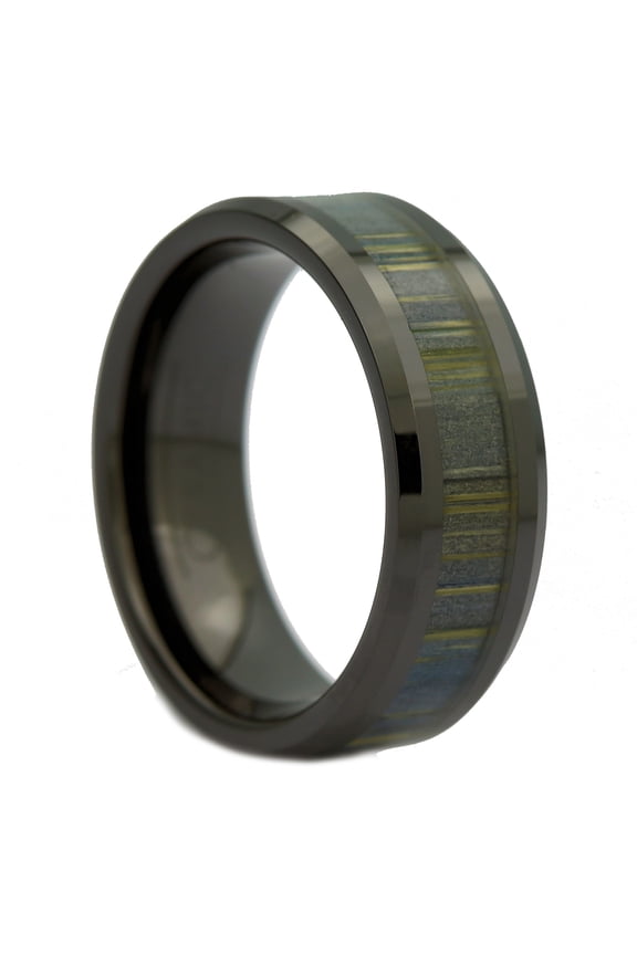 8mm Black Ceramic Ring, Inlay Made from Zebra Wood. Wedding Band Ring Size 8.5