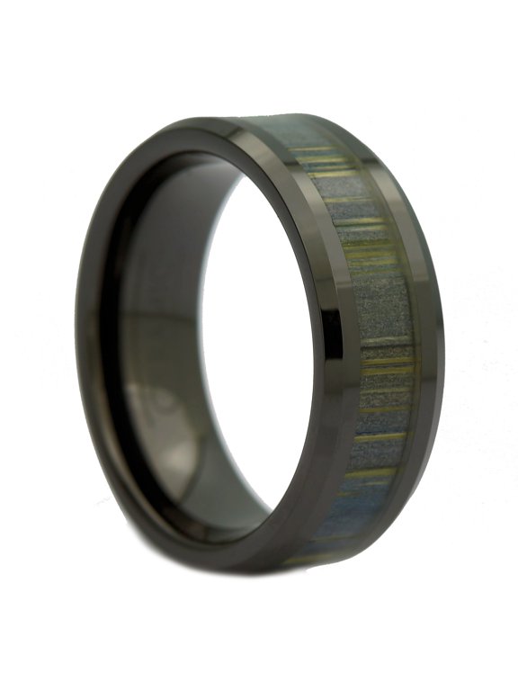 8mm Black Ceramic Ring, Inlay Made from Zebra Wood. Wedding Band Ring Size 9.5