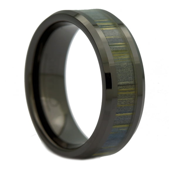 MJ Metals Jewelry 8mm Black Ceramic Ring, Inlay Made from Zebra Wood. Wedding Band Ring Size 9
