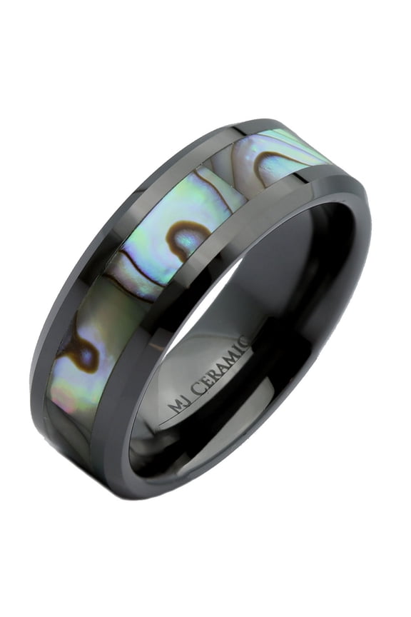 Abalone Shell Inlay Black Ceramic Wedding Band Ring MJ Metals Jewelry 8mm Size 10.5