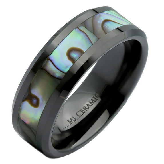 MJ Metals Jewelry Abalone Shell Inlay Black Ceramic Wedding Band Ring MJ Metals Jewelry 8mm Size 11