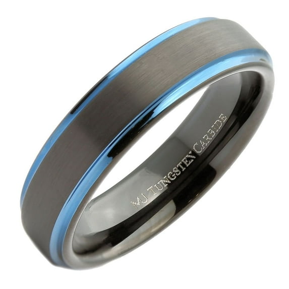 MJ Metals Jewelry Adult Unisex Tungsten Carbide 6mm Black Plated / Blue Plated Edge Ring Size 7.5