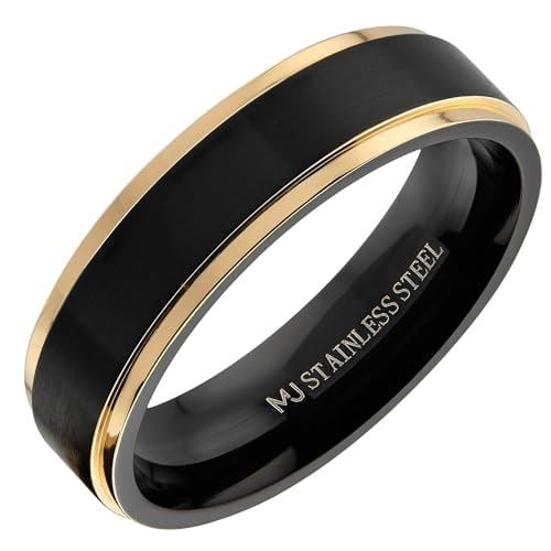 MJ Metals Jewelry Bushed Stainless Steel 6mm Black Plated Drop Down Edges Gold Wedding Band Ring Size 10