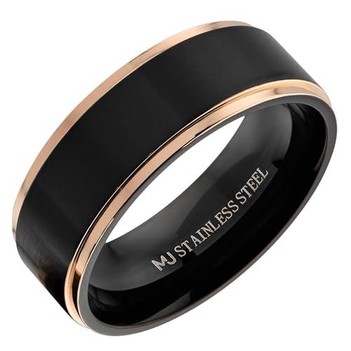 MJ Metals Jewelry Bushed Stainless Steel 8mm Black Plated Drop Down Edges Rose Gold Wedding Band Ring Size 12.5