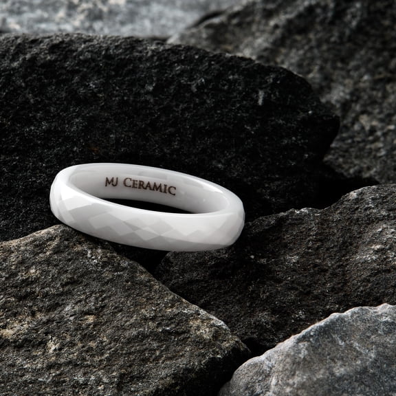 MJ Metals Jewelry Ceramic 4mm White Wedding Band with a Faceted Design Ring Size 6