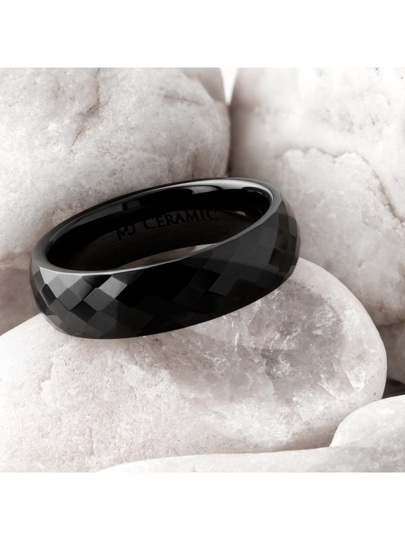 Ceramic 6mm Black Plated Wedding Band with a Faceted Design Ring Size 6.5