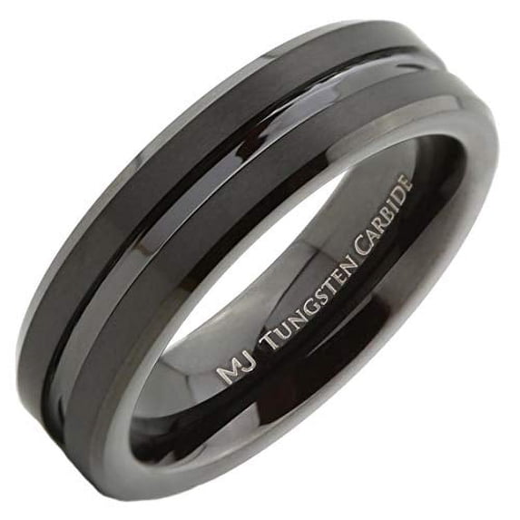 MJ Metals Jewelry Men/Women Tungsten Carbide 6mm Center Grooved Black Plated Wedding Ring Size 11.5