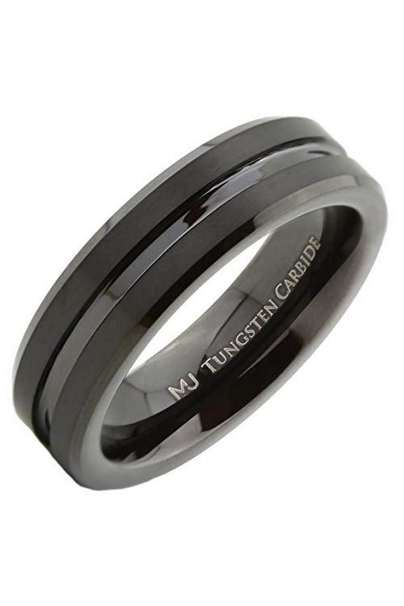 Men/Women Tungsten Carbide 6mm Center Grooved Black Plated Wedding Ring Size 6