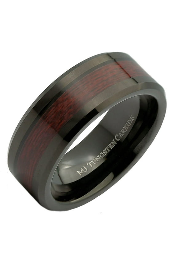 Men's / Women's 8mm Black Tungsten Carbide Wedding Band Koa Wood Inlay Ring