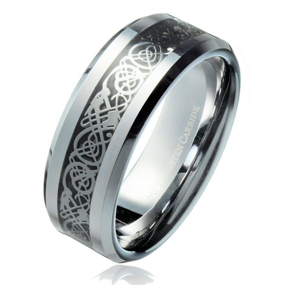 MJ Metals Jewelry Men's / Women's MJ Metals Jewelry 8mm Silver Colored Celtic Dragon with Black Background Tungsten Carbide Ring Size 8.5