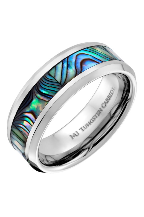 Tungsten Carbide 8mm Abalone Inlay with Recessed Edges COMFORT FIT Wedding Band Polished Finish Ring Size 9.5