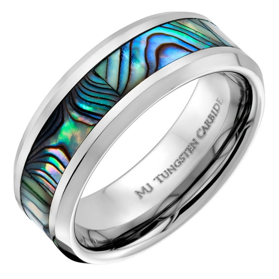 MJ Metals Jewelry Tungsten Carbide 8mm Abalone Inlay with Recessed Edges Wedding Band Polished Finish Ring Size 12