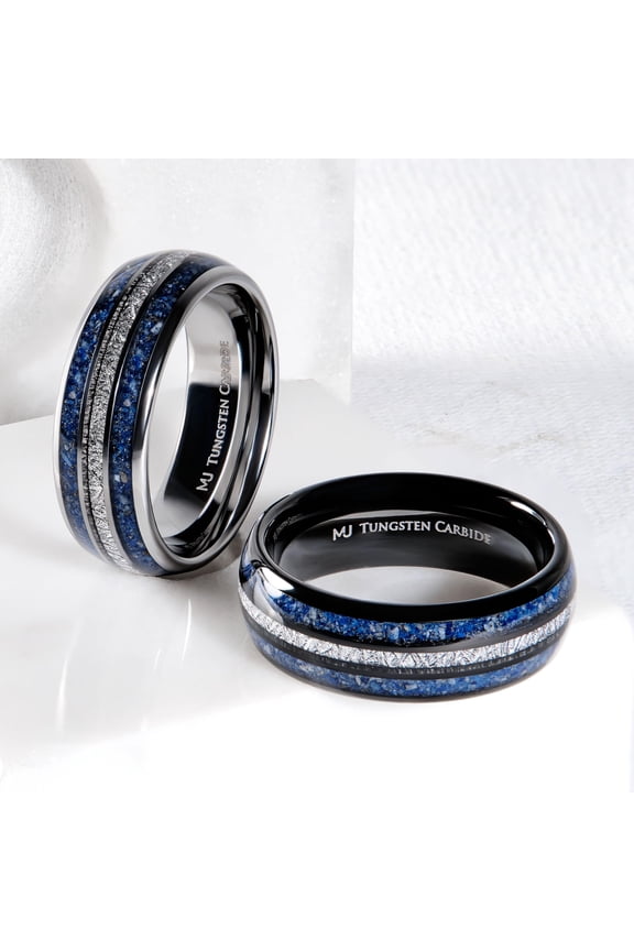 Tungsten Carbide 8mm Black Plated Finish with Lapis Lazuli and Faux Meteorite Inlay Ring Size 10.5