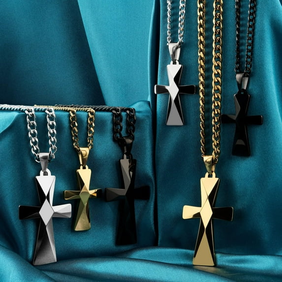 MJ Metals Jewelry Tungsten Carbide Small Gold Plated Cross Pendant Necklace 18" Stainless Steel Narrow Cuban Chain