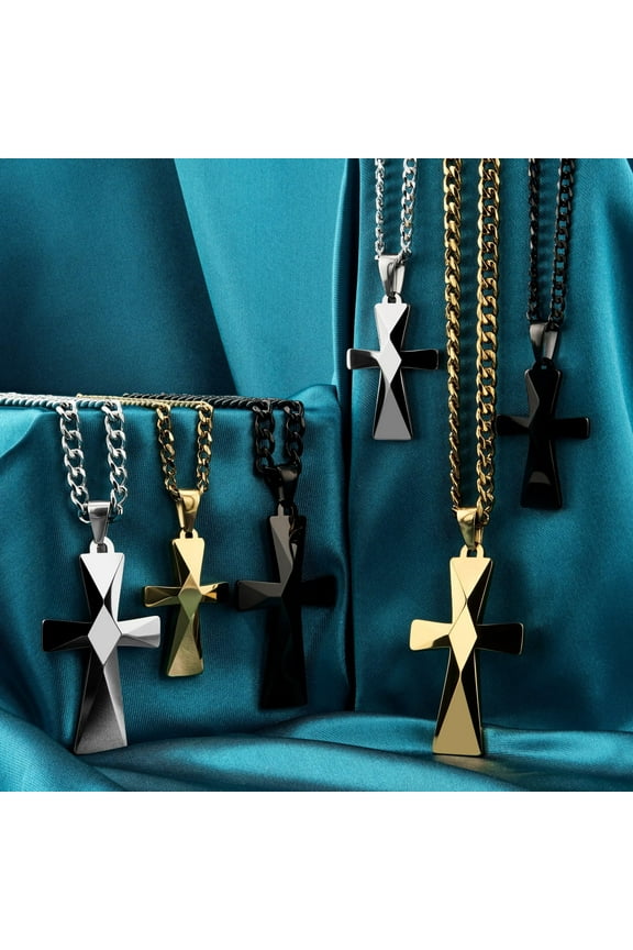 Tungsten Carbide Small Polished Cross Pendant Necklace 20" Stainless Steel Narrow Cuban Chain