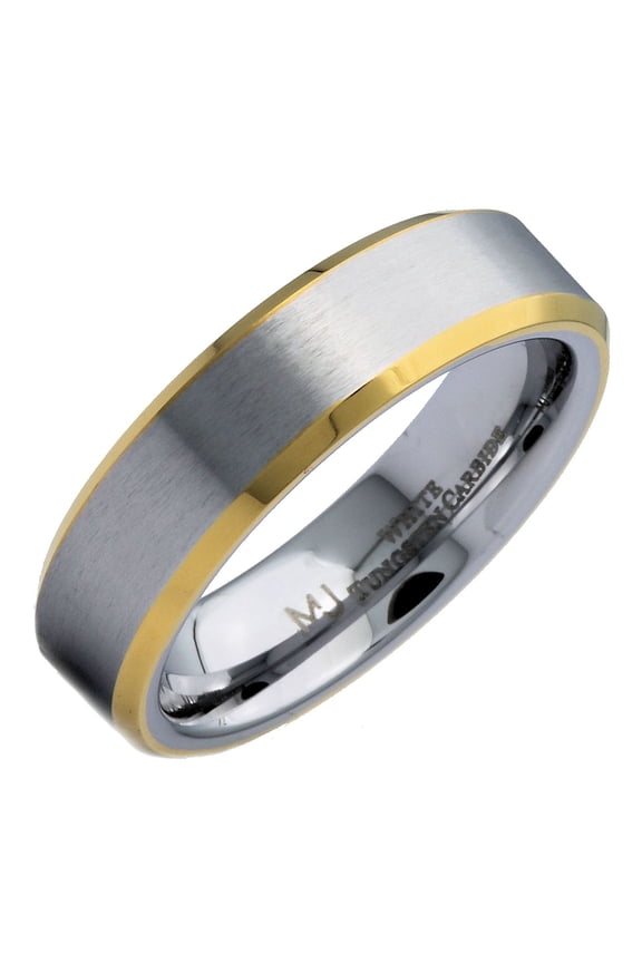 Unisex Adult Brushed 6mm White Tungsten Carbide Wedding Band Gold Plated Edges Ring