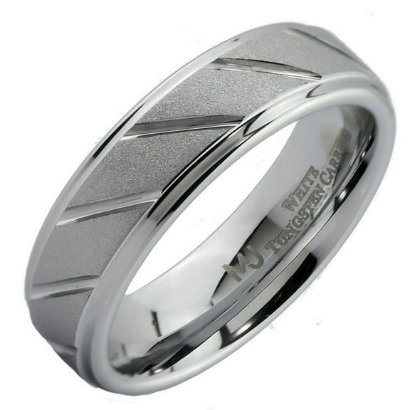 MJ Metals Jewelry Unisex Adult White Tungsten Carbide 6mm Sand Blasted/Diagonal Lines Ring Size 8.5