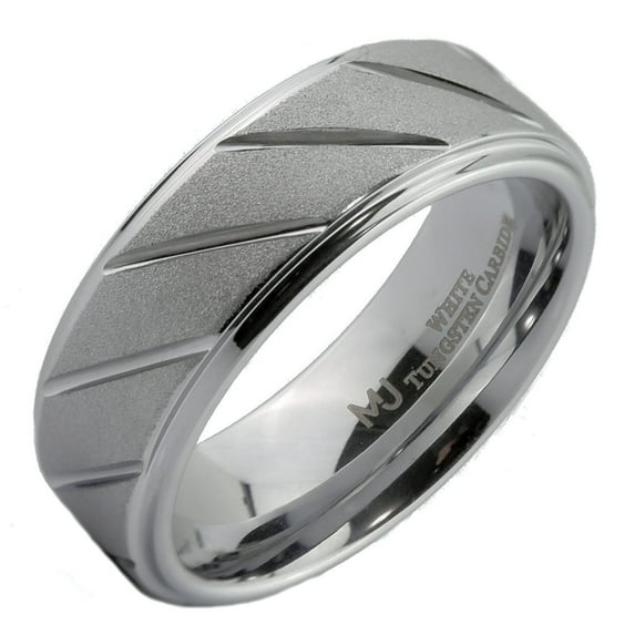 MJ Metals Jewelry Unisex Adult White Tungsten Carbide 8mm Sand Blasted/Diagonal Lines Ring Size 13