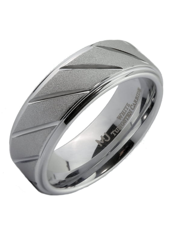 Unisex Adult White Tungsten Carbide 8mm Sand Blasted/Diagonal Lines Ring Size 13