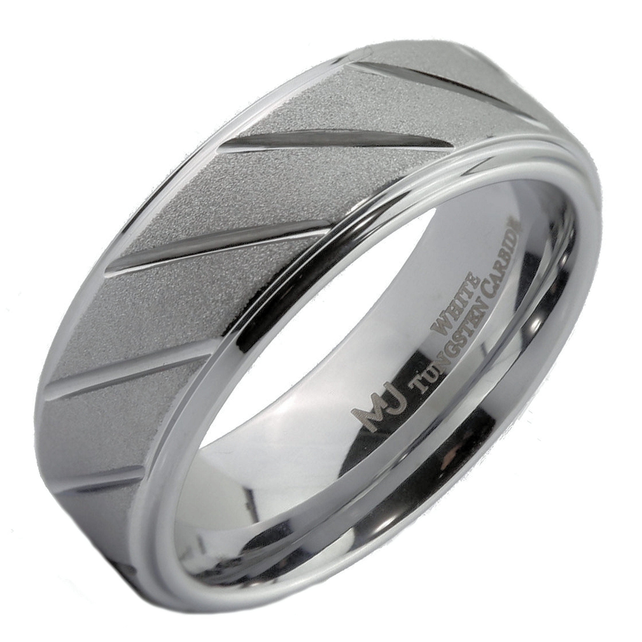 MJ Metals Jewelry Unisex Adult White Tungsten Carbide 8mm Sand  Blasted/Diagonal Lines Ring Size 9 