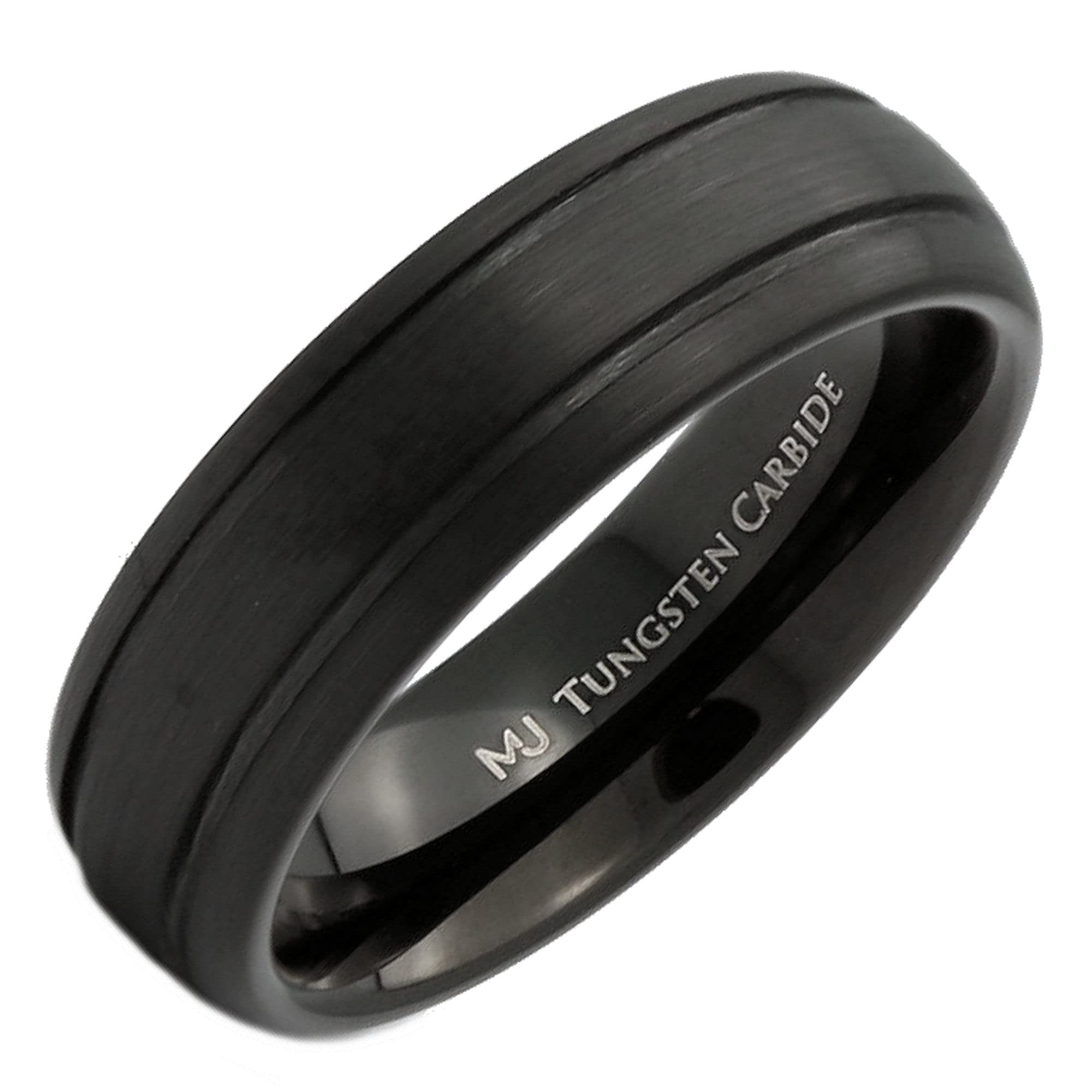 MJ Metals Jewelry Unisex Black Plated Tungsten Carbide 6mm Brushed with Black Grooves Ring Size 6.5