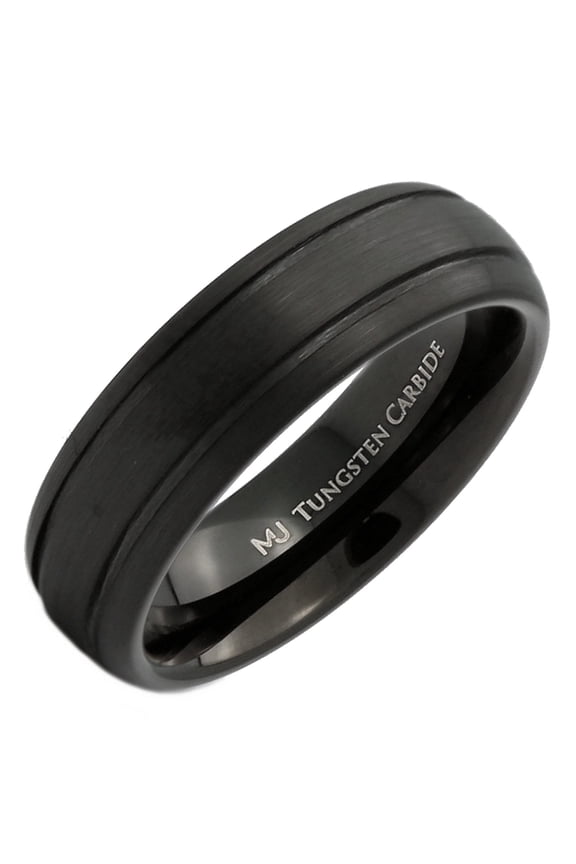 Unisex Black Plated Tungsten Carbide 6mm Brushed with Black Grooves Ring Size 6